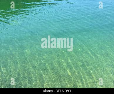 Crystal clear turquoise water surface texture with gentle ripples. Stock Photo