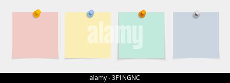 Colorful blank sticky note paper reminder with shadow and push pins. Vector design element reminders, memo, sheet isolated on transparent background.  Stock Vector