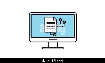 Desktop computer AI document icon: PC workstation displaying text file with artificial intelligence symbol on screen, modern offset color line art vec Stock Vector
