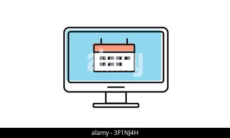 Desktop computer calendar icon: PC workstation displaying agenda schedule and planning symbol on screen, modern offset color line art vector illustrat Stock Vector
