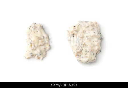 Creamy truffle sauce smear isolated, tuber melanosporum mushroom pasta, truffle cheese sauce, mayonnaise on white background, copy space template Stock Photo