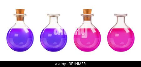 3d test tube, chemistry lab glass bottle. Witch magic potion flask, laboratory beaker vector icon. Science vial medical equipment, isolated poison Stock Vector