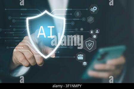 Artificial intelligence cybersecurity concept for data protection, technology network systems, and digital safety for business organization. Businessm Stock Photo