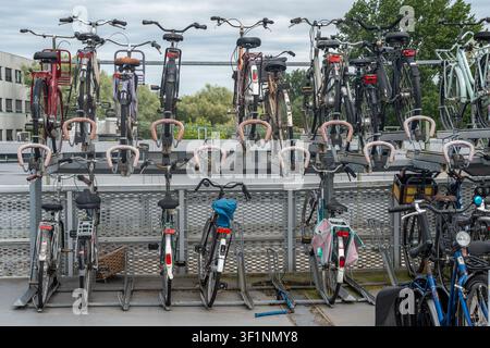 Typical Dutch Bicycle Parking with Rows of Bikes in Racks, Eco-Friendly Urban Mobility in The Netherlands Stock Photo