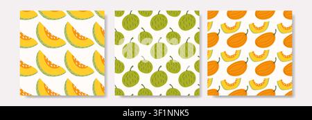 Collection of three colorful seamless patterns featuring melon slices, whole green melons and orange melons. Perfect for textiles, wrapping paper, wal Stock Vector