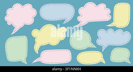 Collection of pastel blank speech bubbles with dashed stitched borders. Cute comic-style dialogue elements perfect for quotes, stickers, social media, Stock Vector