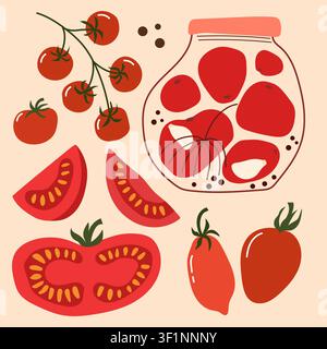 Handdrawn collection of fresh tomatoes featuring cherry branches, whole tomatoes, slices, halves and a glass jar of pickled tomatoes. Perfect for reci Stock Vector