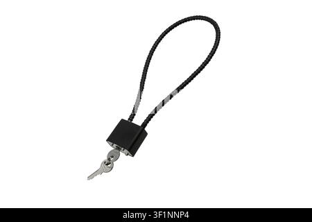 Black security cable lock with keys isolated on white background. Stock Photo