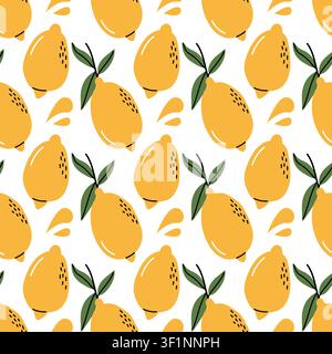Bright seamless pattern featuring vibrant yellow lemons and green leaves on a white background. Hand-drawn citrus design perfect for textiles, wallpap Stock Vector