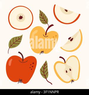 Collection of cute hand drawn apples featuring whole red and yellow fruits, halves, slices and green leaves on a white background. Perfect for packagi Stock Vector