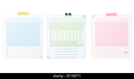 Set of Three Cute Pastel Polaroid Photo Frame Vector Templates with Washi Tape, Clips, Hearts, and Stars. Stock Vector