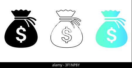Money Bag Icon Set with Dollar Sign in Three Styles: Black Silhouette, Thin Line Outline, and Blue Gradient. Finance, Wealth, Stock Vector