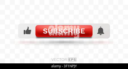 Modern 3D style Subscribe button with like and bell icons for social media and web design. Vector illustration. Stock Vector