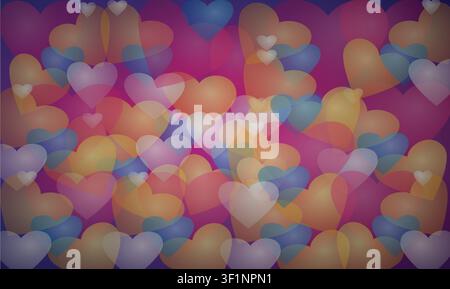 Abstract Hearts Background Vector: Colorful Pastel Translucent Hearts Pattern, Romantic Love Concept Wallpaper with Glowing Stock Vector
