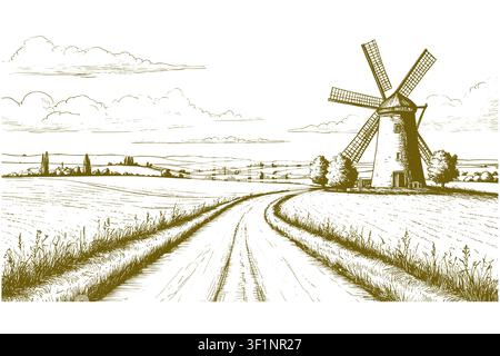 Rural landscape with field and a road. Mill and the trees on the horizon. Vector illustration. Drawing of wheat field and sky is isolated on Stock Vector