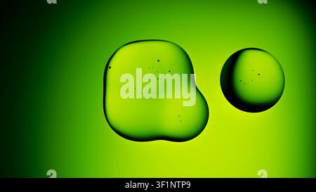 Macro photography of organic oil blobs and spheres floating on a bright neon green fluid surface Stock Photo