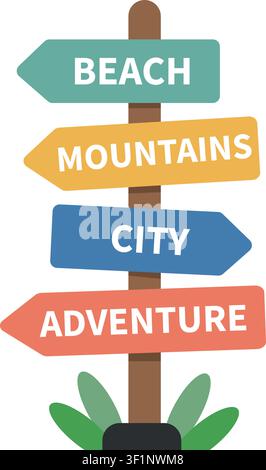 Travel Direction Sign with City, Beach and Mountains Stock Vector