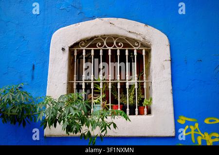 Mexico City, CDMX, Mexico – October 4, 2025: Blue Wall with Graffiti and Iron-Barred Windows in Santa María la Ribera Stock Photo