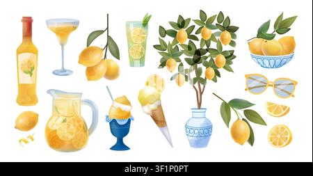 Lemon summer element set. Watercolor spring citrus fruits, lemonade drinks, desserts and decorative branches, fresh food and beverage for seasonal decor and menu design. Vector isolated illustration Stock Vector