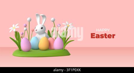 3d easter eggs. Bunny rabbit design, happy floral spring or realistic grass render. Green leaves background. Spring holiday web horizontal banner template. Vector cute cartoon isolated illustration Stock Vector