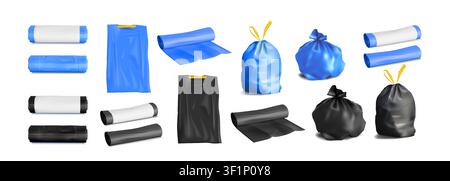 Trash bag. 3d plastic garbage bin, black or blue rubbish recycle waste roll assortment or realistic sack mockup. Biodegradable pack. Household polyethylene equipment for basket. Vector isolated set Stock Vector