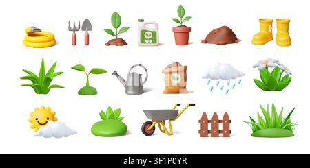 3d farm icons set. Garden grass tree and plants, agriculture tools as shovel and fertilizer. Flower rain, rake and fence. Home and outdoor gardening, weather symbols. Vector render isolated elements Stock Vector