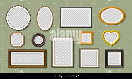 Vintage photo frame. Oval portrait on wall, old family picture or silver painting, hanging collage. Empty framework with copy space. Interior decor in classic style, Vector template isolated set Stock Vector