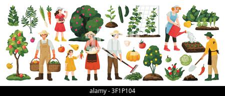 Farm garden. Agriculture farmer people grow or crop seasonal fruit and vegetables or trees, work character on plant field. Woman village character. Vector cartoon flat style isolated illustration set Stock Vector