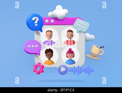 3d video call icons. Online people chat, team work conference in computer. Graph analysis, remote communication. Screen with avatars, chat bubbles, audio controls. Vector render isolated illustration Stock Vector