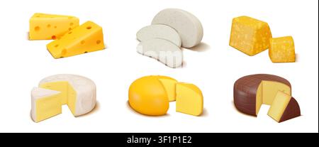 White cheese. Cheddar slice or Gouda block piece. Hard camembert for europe goat food and yellow dairy feta, maasdam and edam, eco healthy milk product, dairy nutrition. Vector realistic isolated set Stock Vector