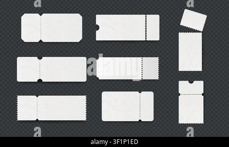 Ticket mockup. Coupon blank, printable voucher or tag sticker for paper travel price, cinema movie label or concert blank. Sale and discount. Lottery giveaway label. Vector icons isolated elements set Stock Vector