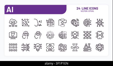 Artificial intelligence icons. Ai digital line robot, intelligent brain tech pictogram or data science network future, automation analytics. Vector minimal outline symbols technology elements set Stock Vector