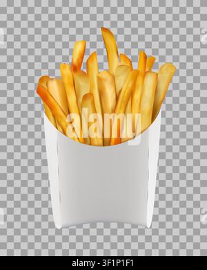 3d french fries. Realistic blank packaging for potato snack. White full pack for branding. Junk food package mockup. Cardboard container. Vector fastfood isolated packet on transparent background Stock Vector