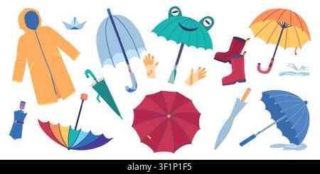 Cartoon umbrella. Rain parasol icon, cute rainy season autumn element. Yellow open and folded, boots or drops and gloves. Seasonal protection items for wet weather. Vector flat style isolated concept Stock Vector