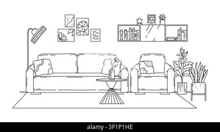 Hand drawn living room. Line home interior, sofa front view, shelf with book, house furniture or outline picture frame for wall decor. Cozy residential lounge, black white vector minimal background Stock Vector