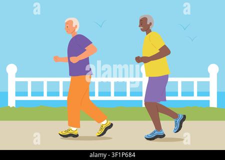 Osteoporosis and fall prevention in elderly age. Elderly people jogging. Vector illustration for senior fitness, bone health. Stock Vector
