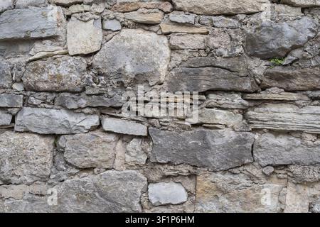 Weathered stone wall built from irregular natural rocks and mortar. Rustic masonry texture for architecture, restoration and design. Stock Photo