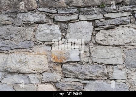 Weathered stone wall built from irregular natural rocks and mortar. Rustic masonry texture for architecture, restoration and design. Stock Photo