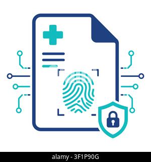 Digital medical record with fingerprint biometric security, shield, and circuit lines, isolated on a white background, Stock Vector