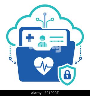 Digital medical record folder with a cloud, heart pulse symbol, and security shield, representing secure healthcare data storage and privacy Stock Vector