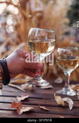 Romantic White Wine Moment on Rustic Autumn Table Stock Photo