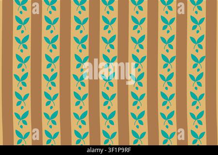 Seamless Vertical Retro Botanical Striped Pattern with Teal Leaves for Textiles Stock Vector