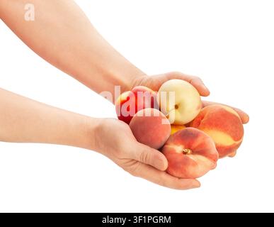 peaches mix in hand path isolated on white Stock Photo