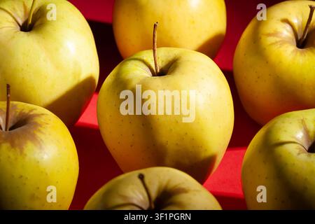yellow apples on red background Stock Photo