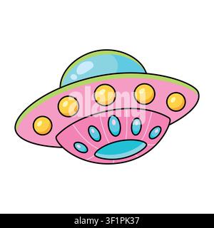 Cute pink UFO spaceship vector illustration. Cartoon colorful alien flying saucer with yellow lights and blue dome isolated on white background. Creative cosmic transport icon for kids space design Stock Vector