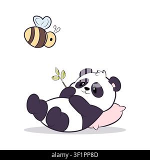 A panda lying on a cushion with bamboo and a bee Stock Vector