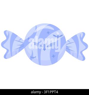 Cute pastel periwinkle Halloween swirl wrapped candy vector icon. Minimalist glossy sweet with a bat silhouette and a soft shadow in kawaii style. Per Stock Vector