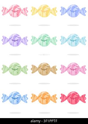 Cute collection of 12 pastel Halloween swirl wrapped candy vector icons. Minimalist glossy sweets with bat silhouettes and soft shadows in a colorful Stock Vector