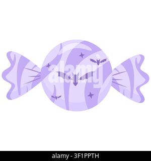 Cute pastel purple Halloween swirl wrapped candy vector illustration. Minimalist glossy sweet with a bat silhouette and a soft shadow in kawaii style. Stock Vector