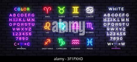 Glowing zodiac neon signs with editable alphabet and number collection. Modern astrology bundle for horoscope graphics, cosmic branding and luminous Stock Vector